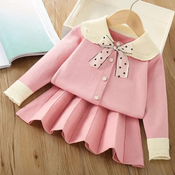 【18M-6Y】2-piece Girls Stylish Floral Bow Tie Lapel Sweater Cardigan And Pleated Skirt Set - Thefolls.com 