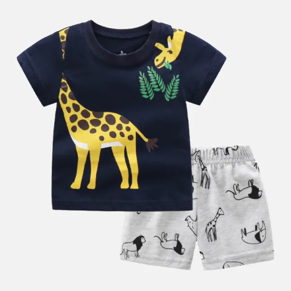 【3M-24M】Baby Boy Cotton Cute Giraffe Excavator Print Short Sleeve T-shirt And Shorts Set - Thefolls.com 