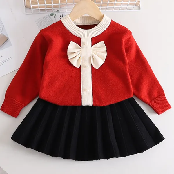 【18M-6Y】2-piece Girls Bow Long-sleeved Sweater And Pleated Skirt Set - Thefolls.com 