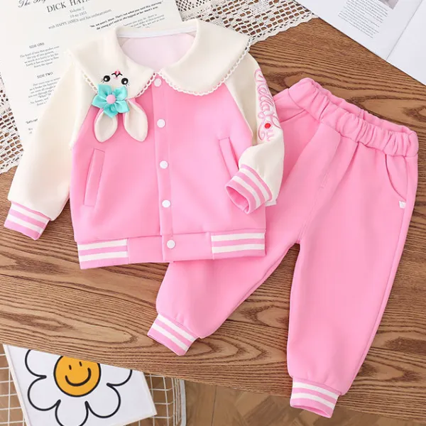 【18M-5Y】2-piece Girls Cute Bunny And Flower Embroidered Lapel Sweatshirt And Pants Set - Thefolls.com 