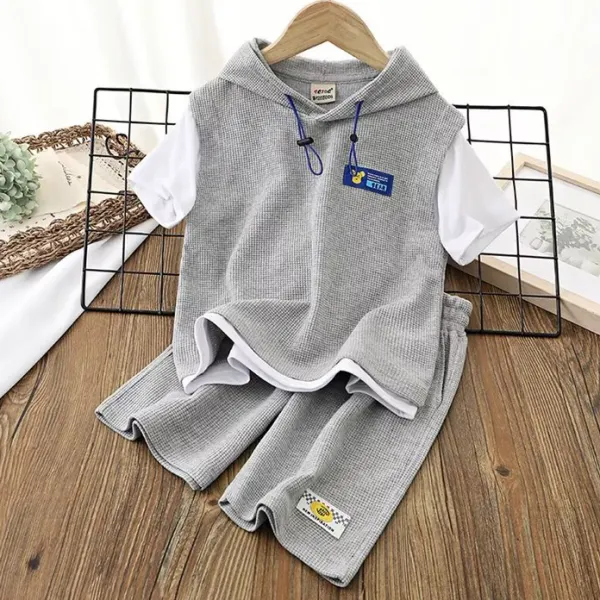 【3Y-13Y】2-piece Boys Casual Letter Print Fake Two-Piece Hoodie And Shorts Set - Thefolls.com 