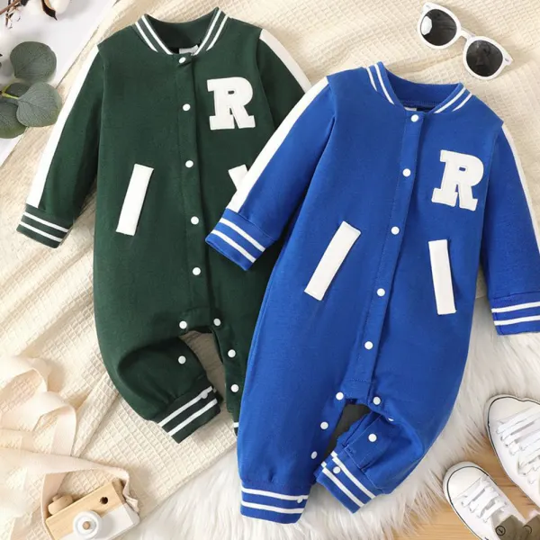 【0M-18M】Baby Boy Casual Cotton Letter Embroidered Color Block Long Sleeve Romper - Thefolls.com 