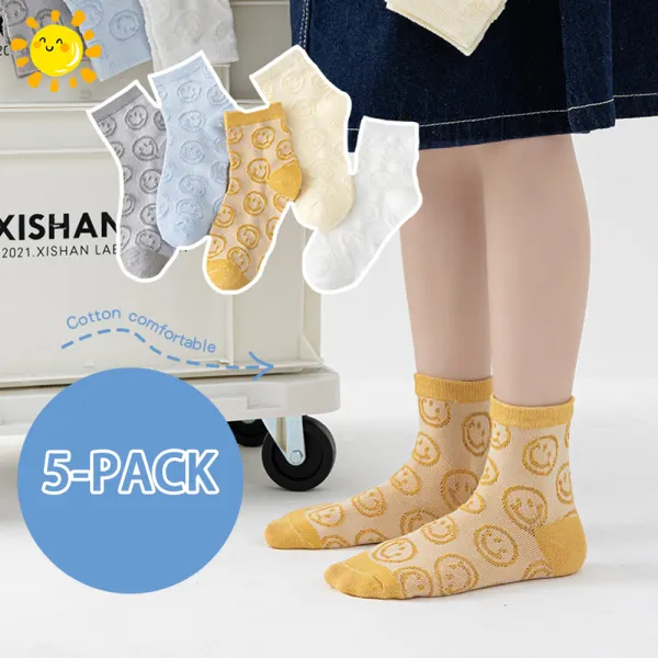 【1Y-11Y】5-Pack Unisex Kids Smiley Pattern Cotton Socks - Thefolls.com 