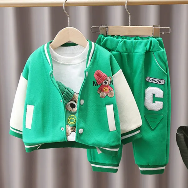 【12M-5Y】3-piece Boy Cool Cartoon Bear Print Long Sleeve T-shirt Color Block Baseball Jacket And Pants Set - Thefolls.com 