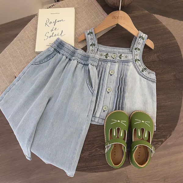 【2Y-9Y】Girl Casual Floral Embroidered Denim Sleeveless Top And Wide Pants Set Backpack Without And Glasses - Thefolls.com 