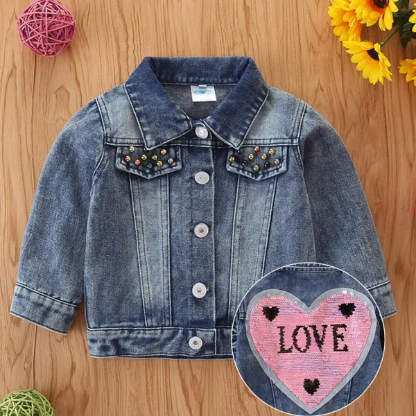 【12M-5Y】Girls Fashion Heart-shaped Sequin Embroidered Washed Lapel Denim Jacket - Thefolls.com 