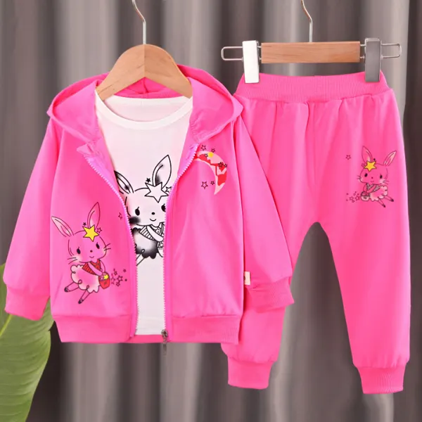 【12M-4Y】3-piece Girls Cute Bunny And Star Print T-shirt And Hooded Sweatshirt Cardigan And Pants Set - Thefolls.com 