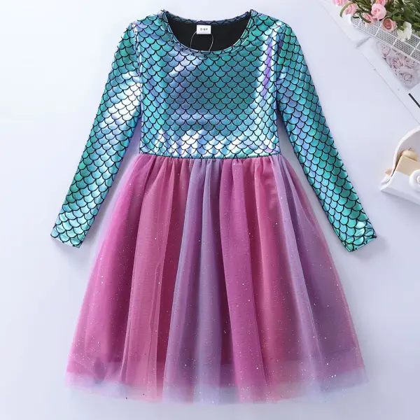 【3Y-8Y】Girls Mermaid Mesh Long Sleeve Dress - Thefolls.com 