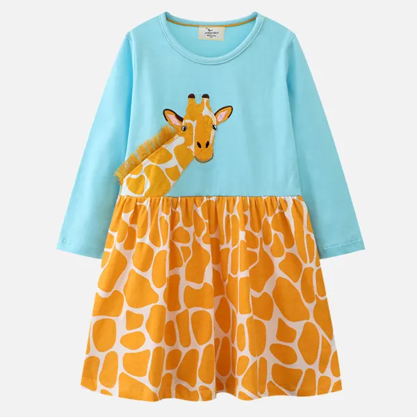 【18M-7Y】Girls Cute Giraffe Embroidered Round Neck Long Sleeve Dress - Thefolls.com 