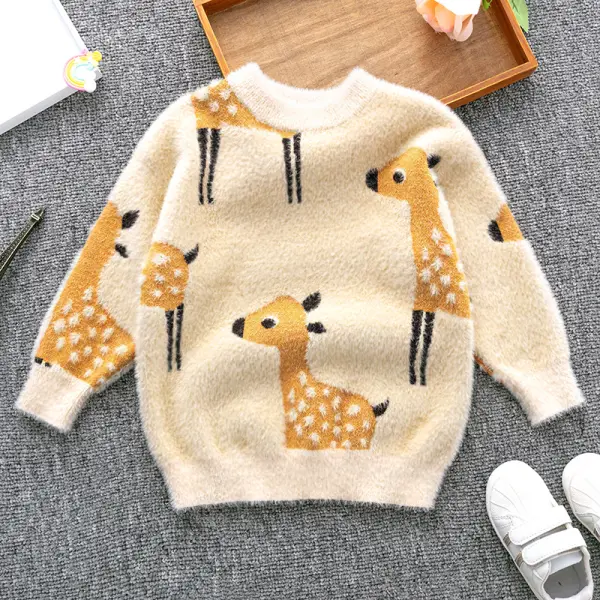 【18M-6Y】Unisex Kids Thick Deer Pattern Round Neck Long Sleeve Sweater - Thefolls.com 