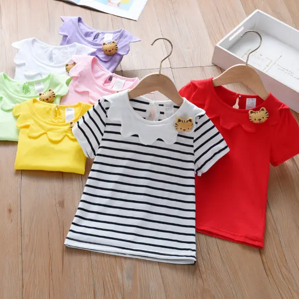 【6M-7Y】Girl Sweet Solid Color Multicolor Doll Collar Short Sleeve T-shirt - Thefolls.com 