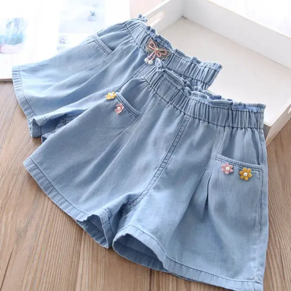 【18M-11Y】Girls Blue Applique Denim Shorts - Thefolls.com 