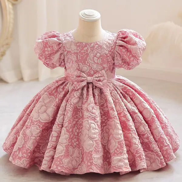 【12M-6Y】Girls Jacquard Short-sleeved Princess Dress - Thefolls.com 