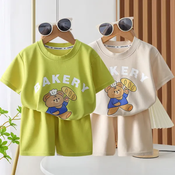 【12M-9Y】Unisex Kids Bear Print Short-sleeved T-shirt And Shorts Set - Thefolls.com 