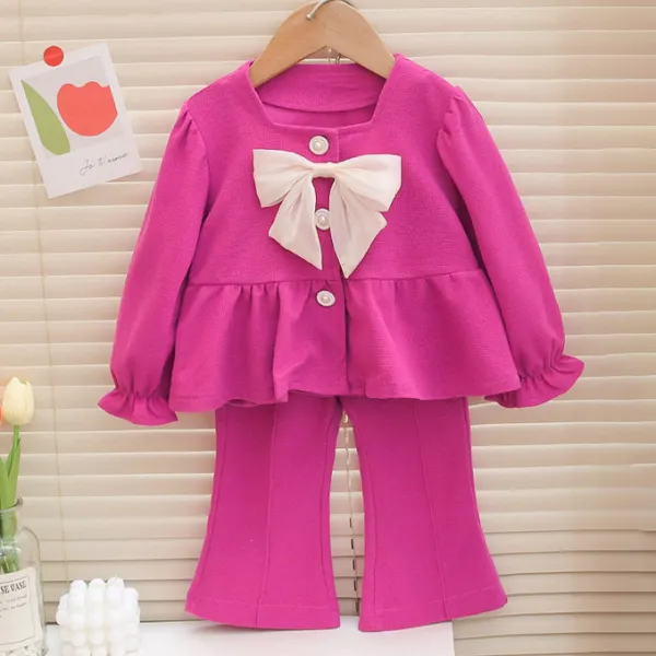 【12M-4Y】2-piece Girls Cute Bow Square Neck Top And Pants Set - Thefolls.com 