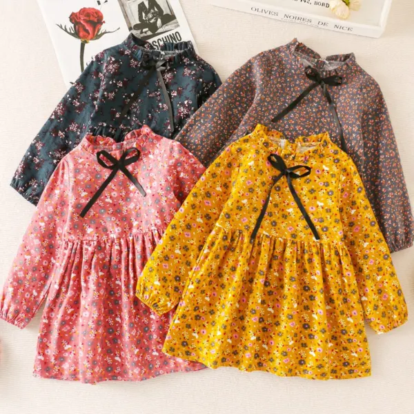 【18M-9Y】Girls Sweet Floral Print Corduroy Long-sleeved Short Dress - Thefolls.com 