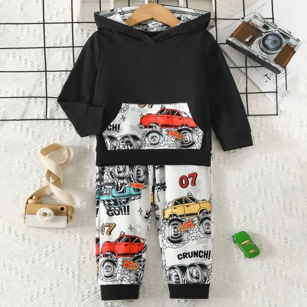 【3Y-7Y】2-piece Boys Casual Black Hooded Sweatshirt And Car Print Pants Set - Thefolls.com 