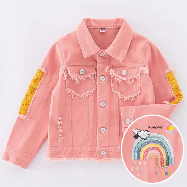 【4Y-12Y】Girls Pink Rainbow Print Denim Jacket - Thefolls.com 