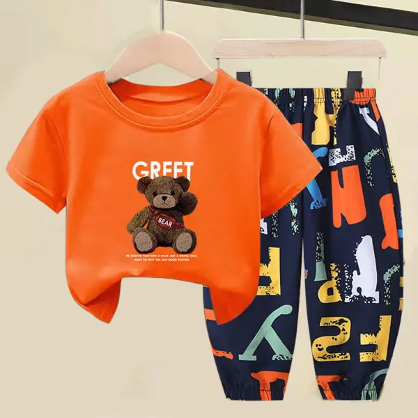 【18M-9Y】2-piece Boys Bear Print Short-sleeved T-shirt And Pants Set - Thefolls.com 