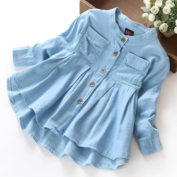 【3Y-12Y】Girls Denim Long Sleeve Shirt - Thefolls.com 