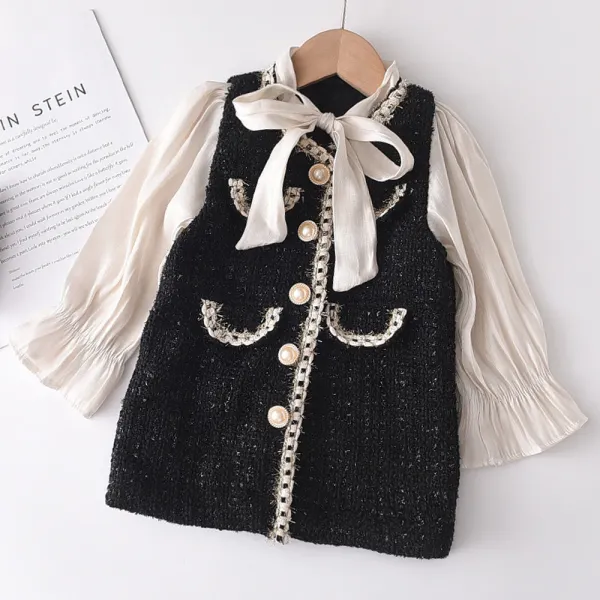 【18M-8Y】Girls Black Tweed Fake Two Pieces Long-sleeved Dress - Thefolls.com 