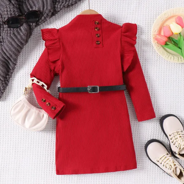 【3Y-7Y】Girl Fashion Red Long Sleeve Knitted Dress With Belt - Thefolls.com 