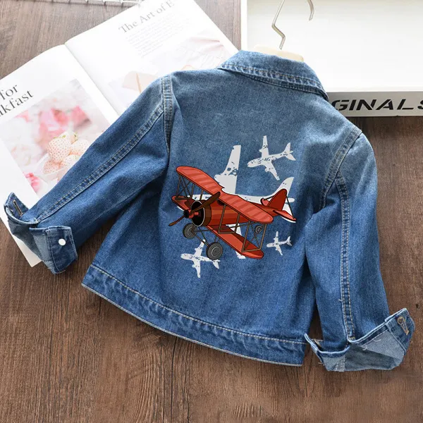 【18M-11Y】Boys Fashion Airplane Print Blue Denim Jacket - Thefolls.com 