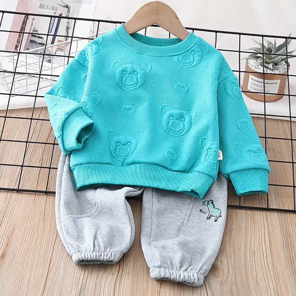 【9M-4Y】2-piece Boys Bear Jacquard Round Neck Long Sleeve Sweatshirt And Pants Set - Thefolls.com 