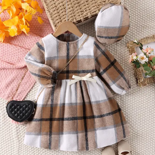 【2Y-7Y】2-piece Girls Tweed Long Sleeve Dress With Hat - Thefolls.com 