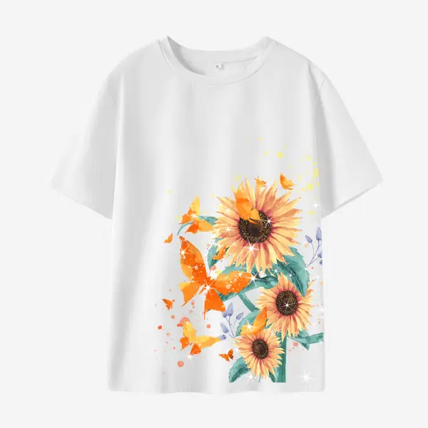 Women Cotton Stain Resistant Butterflies And Flowers Print Short Sleeve T-Shirt - Thefolls.com 