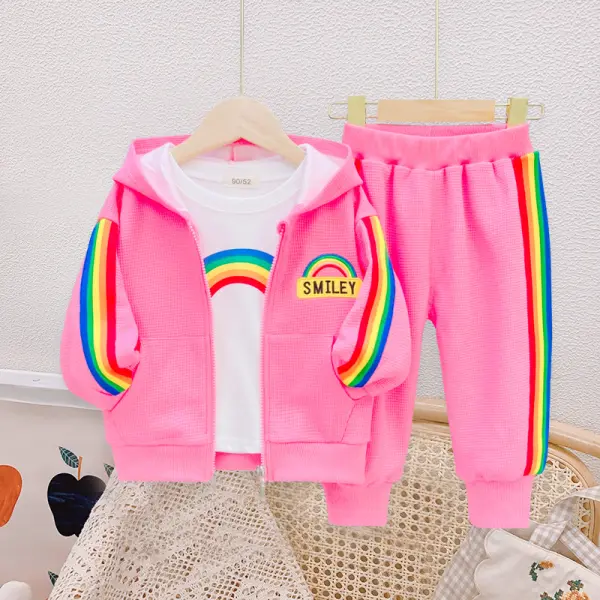 【18M-6Y】3-piece Girl Cotton White Rainbow Print Long Sleeve T-shirt Rainbow Stripe Webbing Hooded Coat And Pants Set - Thefolls.com 