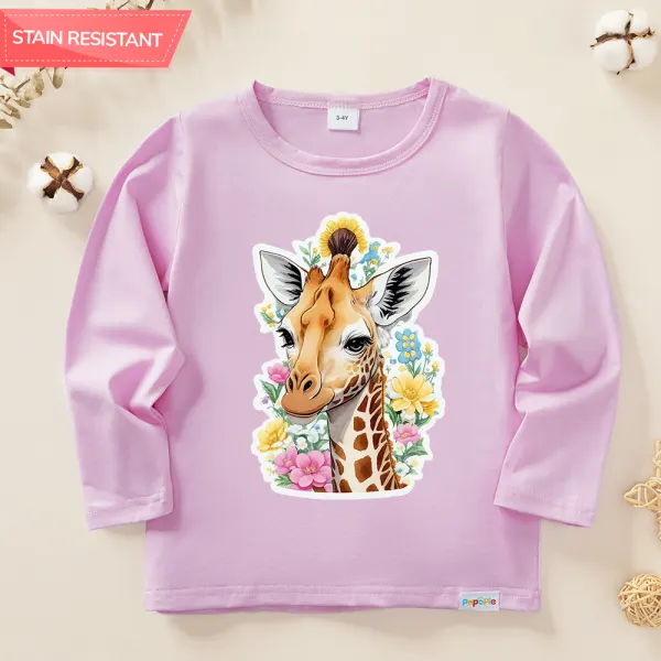 【12M-9Y】Girls Cotton Stain Resistant Giraffe Print Long Sleeve Tee - Thefolls.com 