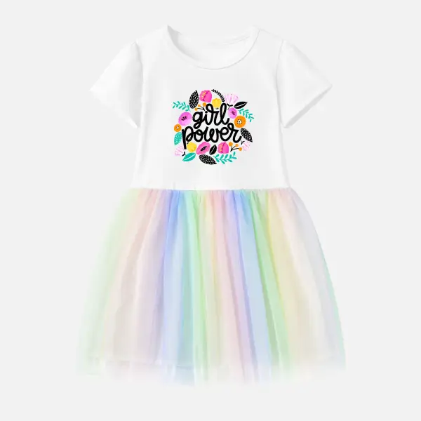 【12M-7Y】Girl Letters And Flowers Print Cotton Stain Resistant Cartoon Splicing Tulle Short Sleeve Dress - Thefolls.com 