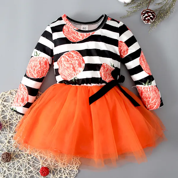 【12M-5Y】Girl Cute Halloween Pumpkin Stripe Print Long Sleeve Stitching Orange Layered Tulle Dress - Thefolls.com 