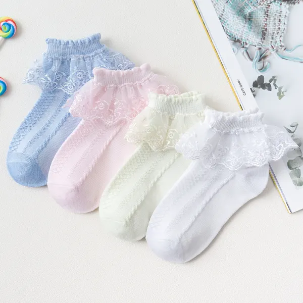 【1Y-12Y】Girls Cotton Multicolor Lace Ruffle Socks - Thefolls.com 