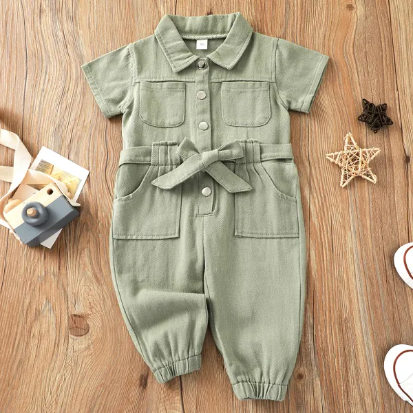 【18M-6Y】Girl Casual Solid Color Lapel Short Sleeve Workwear Jumpsuit - Thefolls.com 