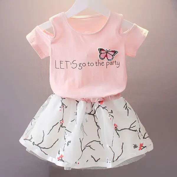 【12M-7Y】2-piece Girls Butterfly Applique Off-shoulder T-shirt And Mesh Skirt Set - Thefolls.com 