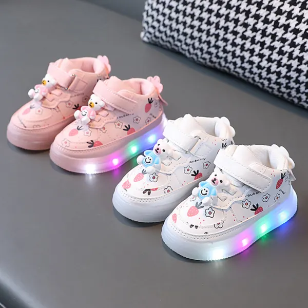 Girls Casual Floral Print LED Illuminated Soft Sole Sneakers - Thefolls.com 