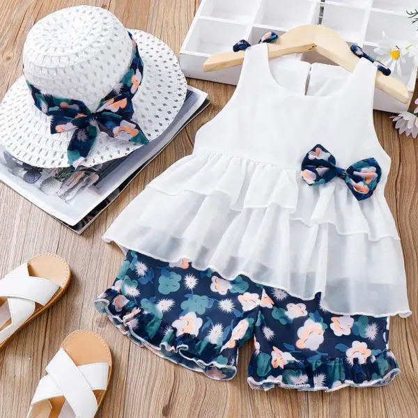 【9M-3Y】3-piece Baby Girl White Ruffle Top And Floral Shorts Set With Hat - Thefolls.com 