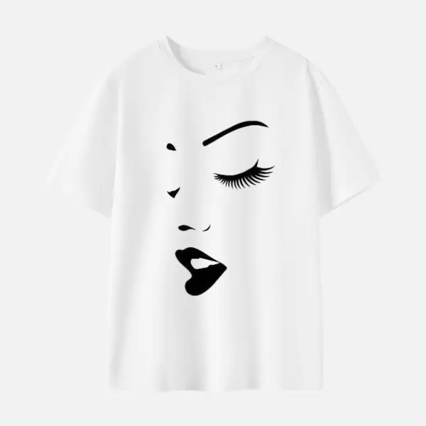 Women Human Face Print Cotton Stain Resistant Short Sleeve T-shirt - 7901 - Thefolls.com 