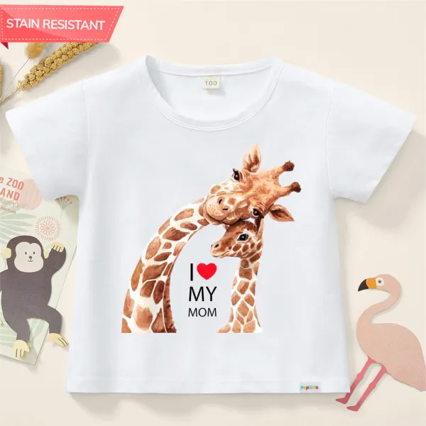 【12M-9Y】Unisex Kids Mother's Day Giraffe Letter Print Antifouling Cotton Short Sleeve T-shirt - 004 - Thefolls.com 