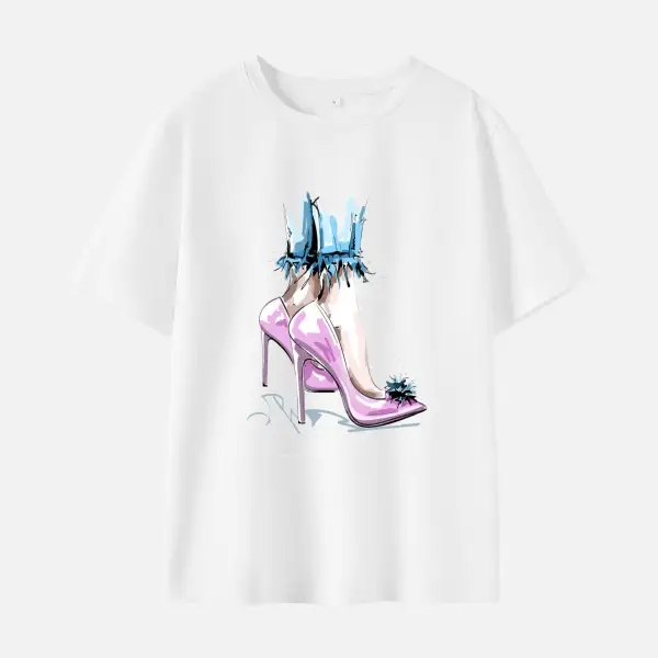 Women High Heel Print Cotton Stain Resistant Short Sleeve T-shirt - Thefolls.com 