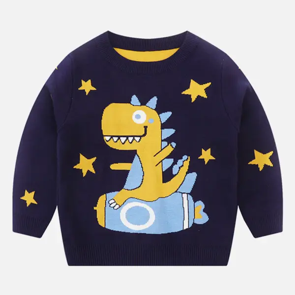 【3Y-10Y】Boys Dinosaur Pattern Round Neck Long Sleeve Sweater - Thefolls.com 