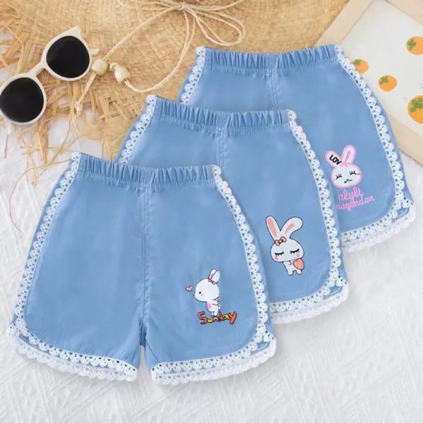 【12M-6Y】Girls Cute Cartoon Bunny And Cherry Embroidered Blue Denim Shorts - Thefolls.com 