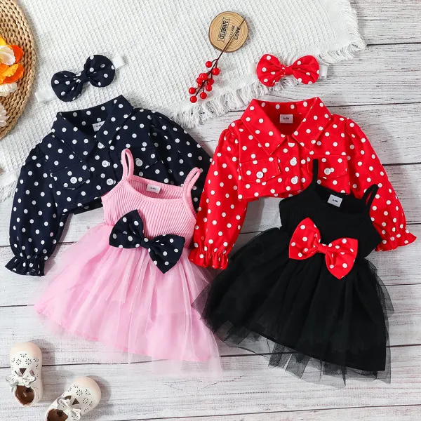 【3M-24M】3-piece Baby Girl Polka Dot Print Lapel Coat And Bowknot Splicing Layered Mesh Sling Dress With Headband - Thefolls.com 