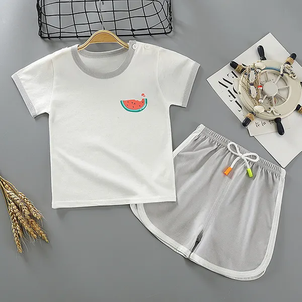 【6M-5Y】Boys Round Neck Short Sleeve Cartoon Print Suit - Thefolls.com 