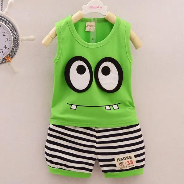 【9M-4Y】2-piece Boys Cartoon Embroidered Vest And Striped Shorts Set - Thefolls.com 