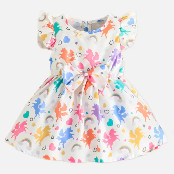 【6M-3Y】Baby Girl Cute Unicorn Print Butterfly Machine Dress - Thefolls.com 