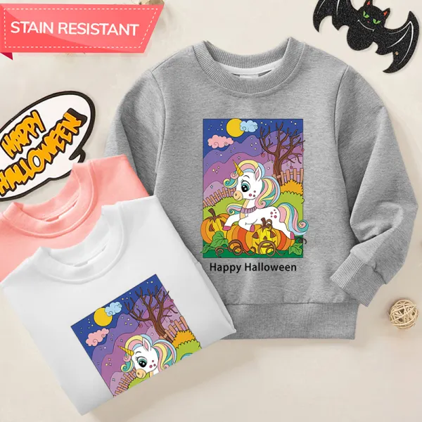 【12M-9Y】Girl Halloween Pumpkin And Unicorn Print Cotton Stain Resistant Long Sleeve Sweatshirt - Thefolls.com 