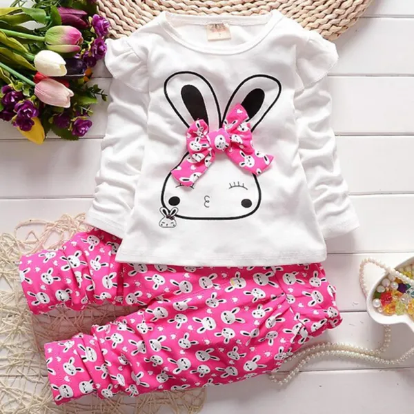 【9M-3Y】2-piece Baby Girl Bunny Print Long-sleeved T-shirt And Pants Set - Thefolls.com 